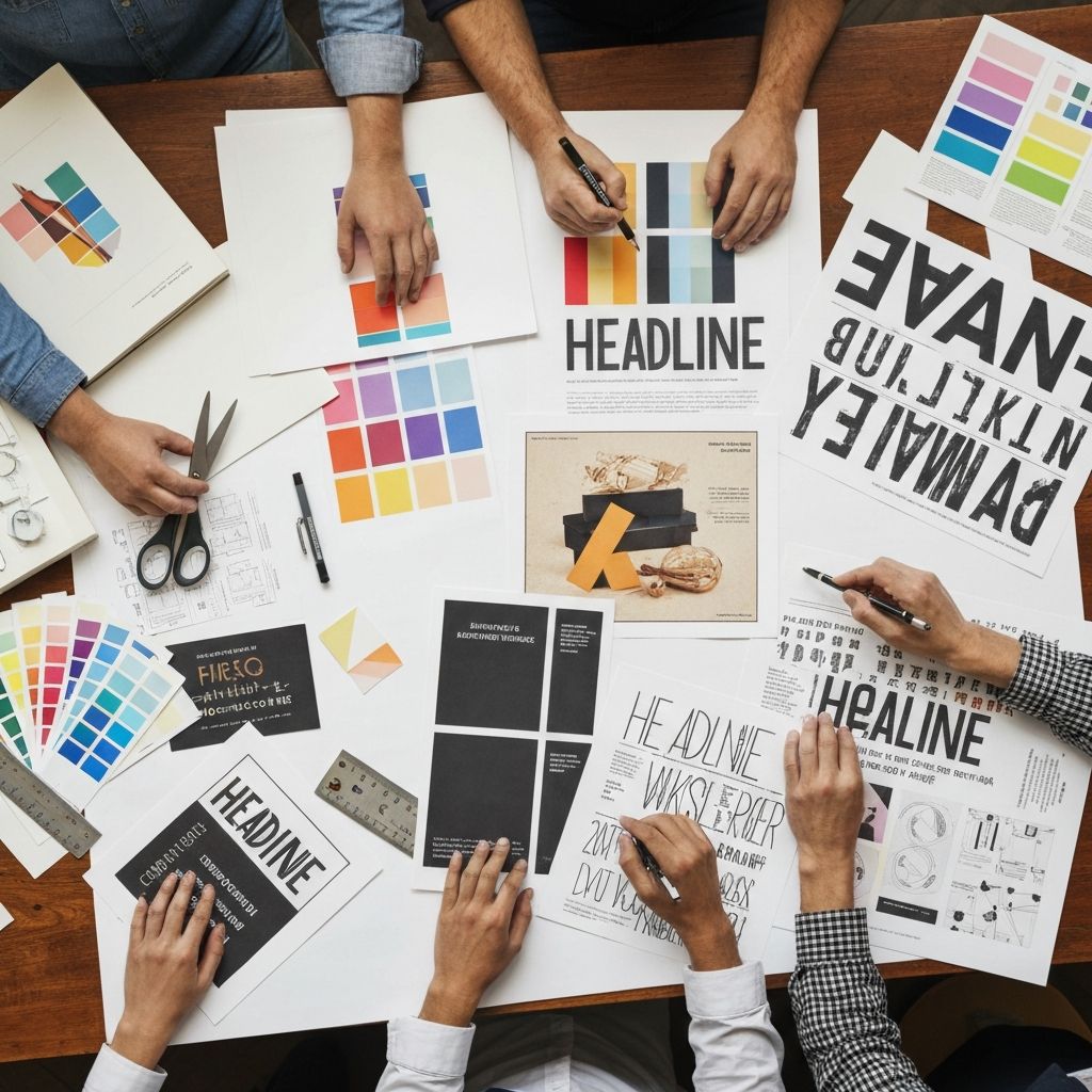 A creative workspace with advertising mockups, typography samples, and brand guidelines