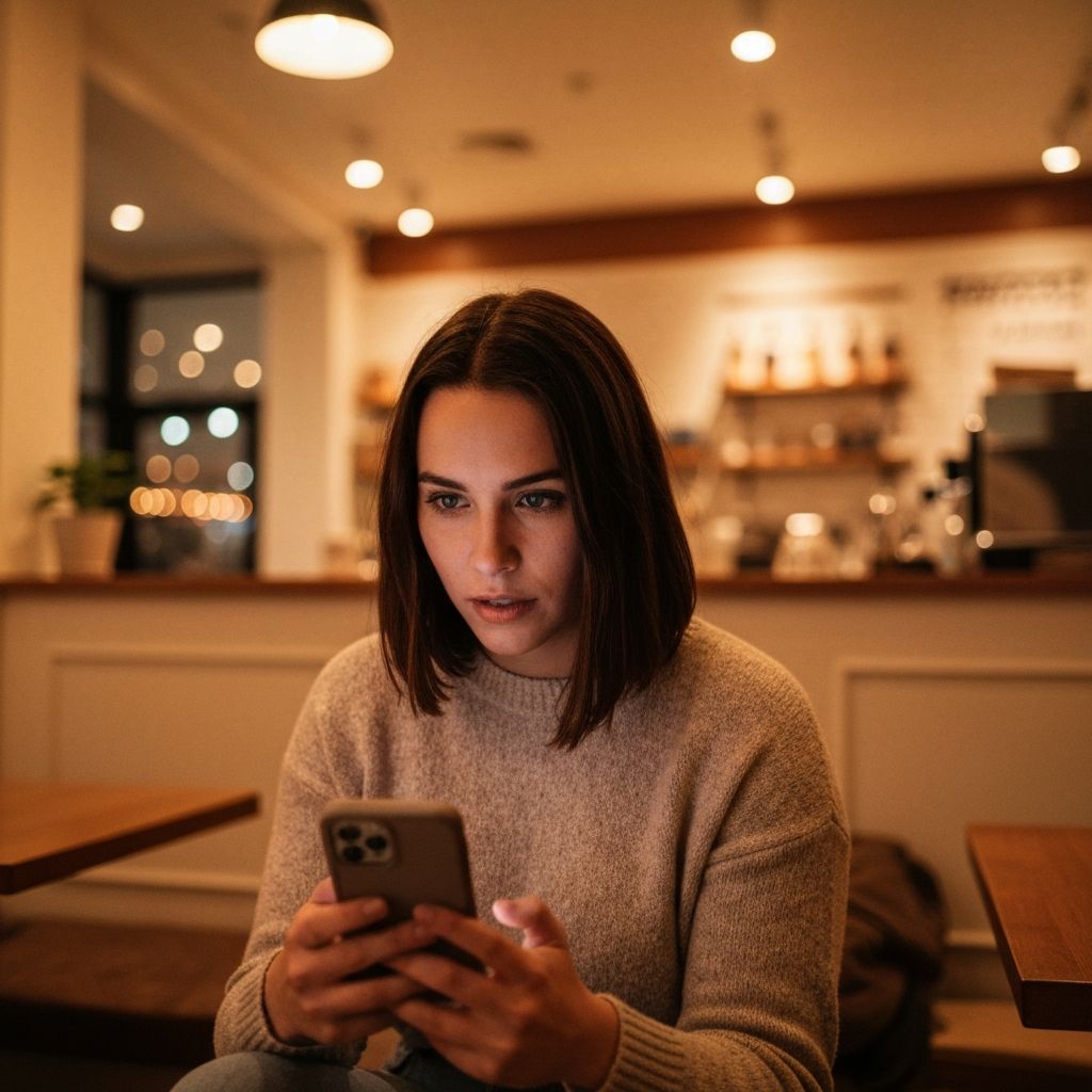 A person in a coffee shop discovering an ad on their phone