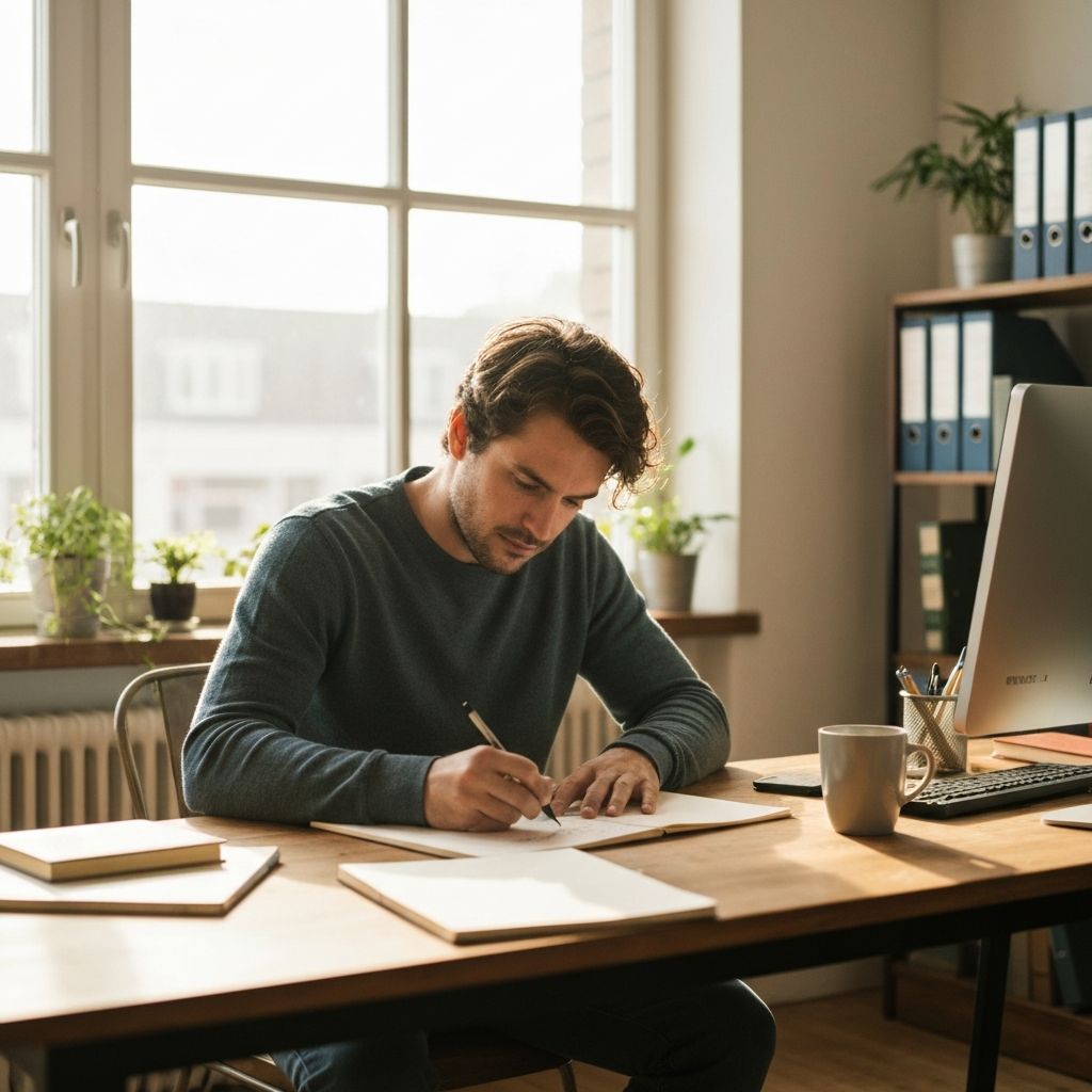 A marketer sketching ideas at their desk, morning light streaming through the window