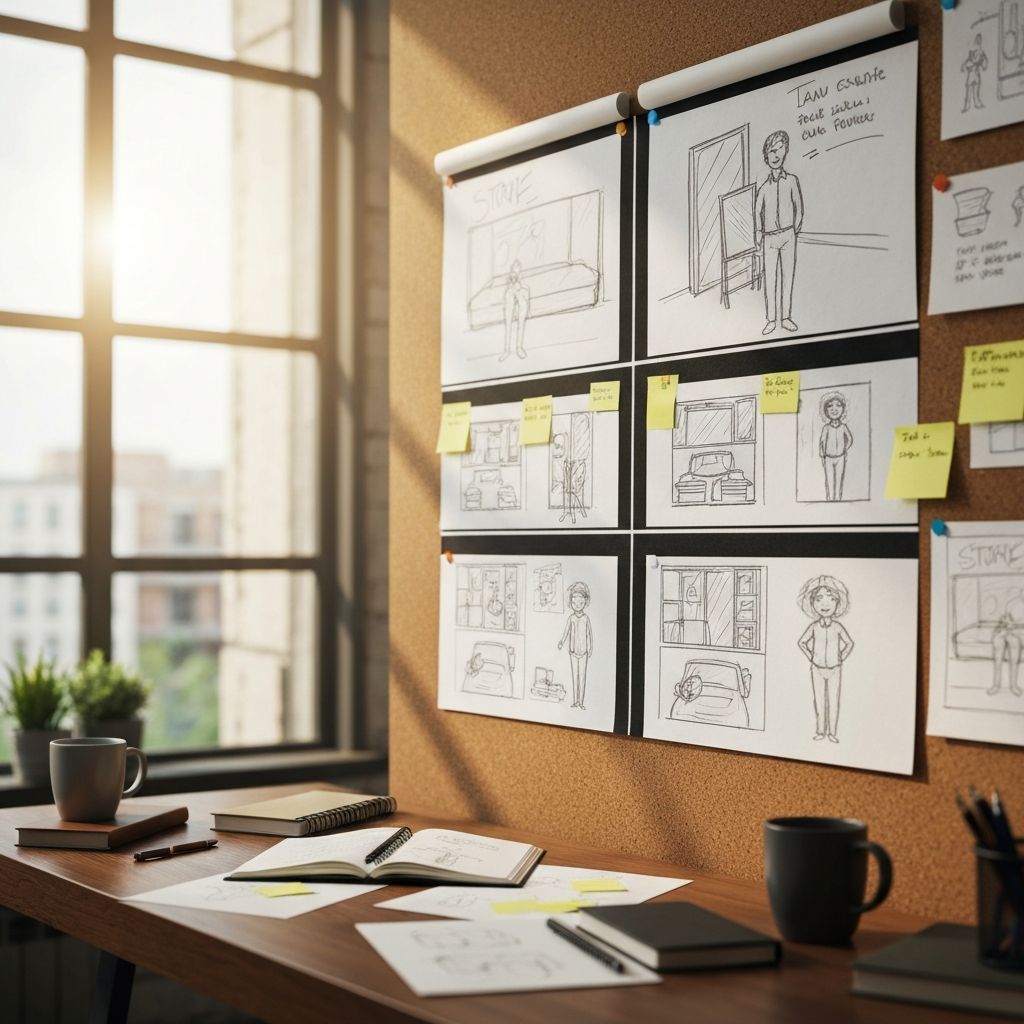 A creative storyboard on a wall showing the visual narrative of an advertisement campaign