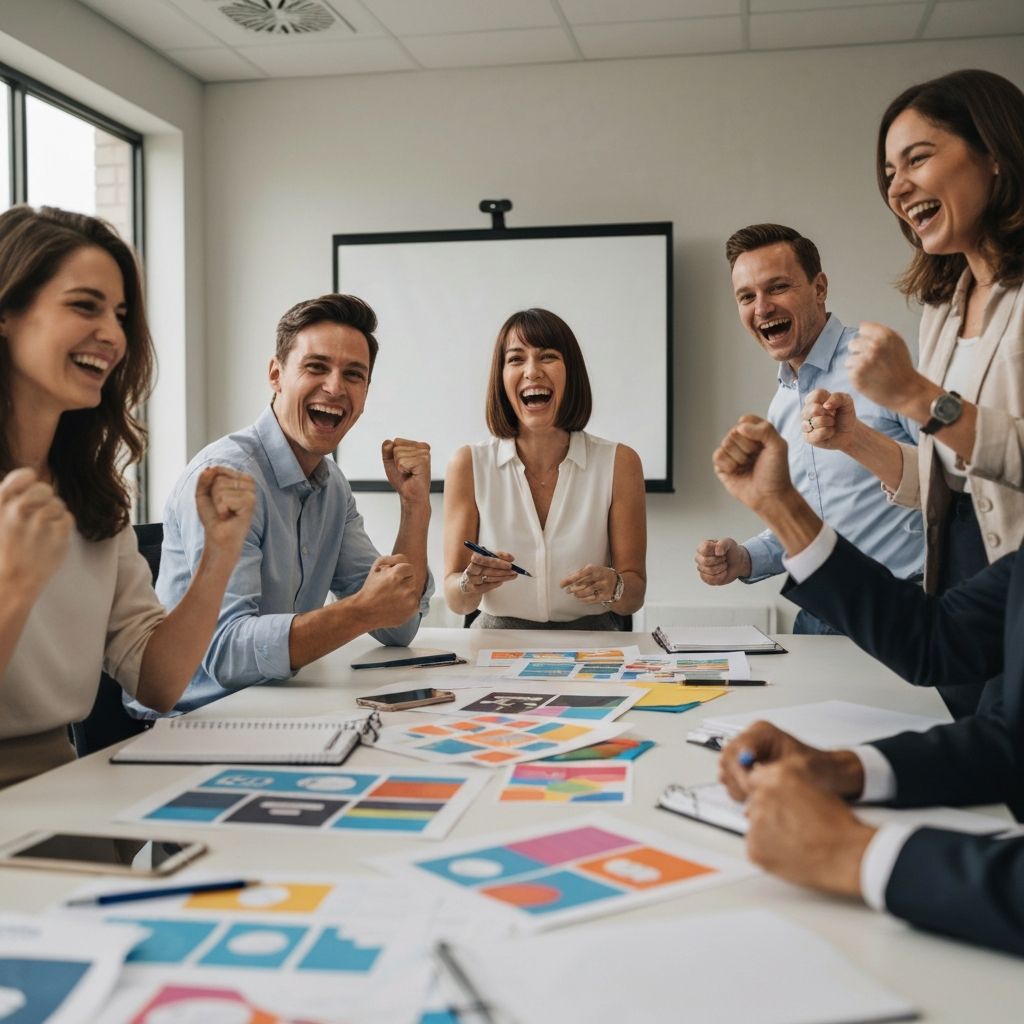A handshake moment between creative team and client after campaign approval